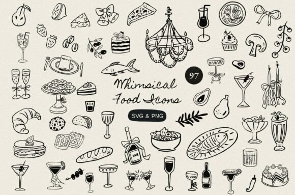 97 Hand Drawn Whimsical Food Menu Icons for Authentic Menus
