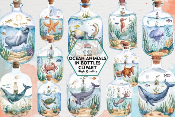 Captivating Ocean Animals in Bottles Clipart PNG for Creative Projects