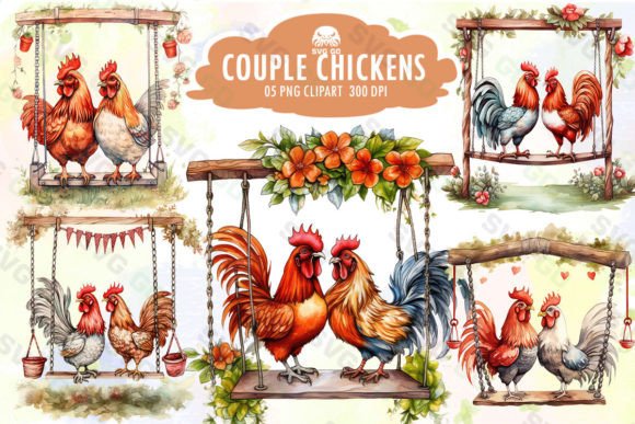 Charming Couple Chickens Sublimation Clipart for Projects