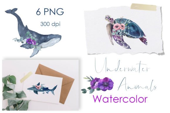 Charming Watercolor Sea Turtles and Ocean Animals Clipart