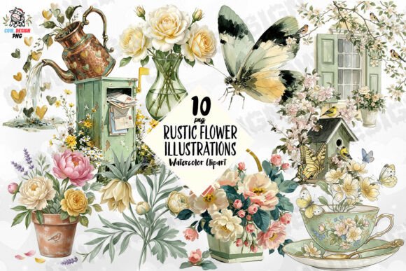 Embrace Organic Charm with Rustic Flower Illustrations PNG