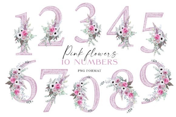 Pink Flowers Individual Numbers PNG: Floral Design Elements