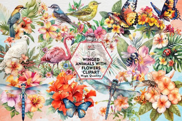 Winged Animals with Flowers Clipart: Nature-Inspired Design Assets